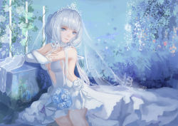 Rule 34 | 1girl, azur lane, backless outfit, bare shoulders, blue eyes, blue flower, bouquet, breasts, bridal gauntlets, bridal veil, center opening, dress, flower, garter straps, gloves, hair ribbon, halter dress, halterneck, illustrious (azur lane), illustrious (morning star of love and hope) (azur lane), lace, lace-trimmed dress, lace trim, large breasts, long dress, looking at viewer, mllay, official alternate costume, ribbon, rose, colored eyelashes, solo, tiara, tri tails, veil, wedding dress, white dress, white flower, white gloves, white rose