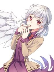 Rule 34 | 1girl, akizuki haruhi, blush, bow, bowtie, braid, cowboy shot, dress, feathered wings, french braid, jacket, kishin sagume, long sleeves, looking at viewer, open clothes, open jacket, purple dress, red bow, red bowtie, red eyes, silver hair, single wing, solo, touhou, white wings, wings