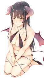Rule 34 | 1girl, :&gt;, bad id, bad pixiv id, between legs, black footwear, black hair, blush, breasts, cleavage, closed mouth, collarbone, criss-cross halter, demon girl, demon horns, demon wings, full body, halterneck, hand between legs, high heels, highres, horns, long hair, looking at viewer, manatsuki manata, medium breasts, navel, original, seiza, shoes, sidelocks, simple background, sitting, smile, solo, thighs, tsurime, white background, wings, yellow eyes