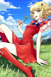 Rule 34 | 1970s (style), 1girl, arm support, bad id, bad pixiv id, blonde hair, blue eyes, boots, bow, cloud, curly hair, day, dress, flower, fushoku, grass, hair ornament, hairpin, hana no ko lunlun, knee boots, looking at viewer, lunlun, magical girl, mountain, oldschool, open mouth, outdoors, red dress, red footwear, retro artstyle, short dress, short hair, sitting, sky, smile, solo