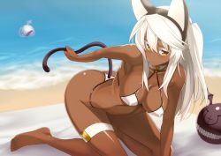 Rule 34 | 1girl, all fours, alternate costume, animal ears, arm support, bare arms, bare legs, beach, bikini, breasts, cat ears, cat girl, colored eyelashes, dark-skinned female, dark skin, duplicate, expressionless, female focus, gradient background, guilty gear, guilty gear xrd, hair between eyes, jitome, large breasts, long hair, looking at viewer, micro bikini, ocean, ramlethal valentine, revealing clothes, sengoku aky, sideboob, solo, swimsuit, thong, thong bikini, white hair