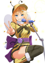 Rule 34 | 1girl, absurdres, bangom r, bee, bee costume, black thighhighs, blue eyes, boots, breasts, bug, cowboy shot, dress, fake antennae, grin, hat, highres, holding, holding microphone, hololive, hololive english, insect, insect wings, jewelry, leg up, looking at viewer, medium breasts, microdress, microphone, microphone stand, obi, pendant, sash, short sleeves, smile, solo, thighhighs, v, virtual youtuber, watson amelia, wings, yellow dress, yellow footwear, yellow hat