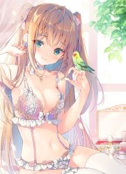 Rule 34 | 1girl, ahoge, aqua eyes, arm up, armpits, bare arms, bare shoulders, bird, bird on hand, bottle, bra, breasts, brown hair, choker, cleavage, closed mouth, collarbone, earrings, frilled thighhighs, frills, hair ribbon, hand up, jewelry, leaf, lingerie, long hair, looking at viewer, medium breasts, miwabe sakura, navel, necklace, original, panties, parrot, perfume bottle, pink bra, pink panties, ribbon, ribbon choker, sidelocks, sitting, smile, solo, stomach, thighhighs, two side up, underwear, very long hair, white thighhighs