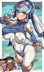Rule 34 | 1boy, 2girls, absurdres, android, armor, artist logo, artist name, black bodysuit, blonde hair, blue armor, blue eyes, blue helmet, blush, bodysuit, boots, ciel (mega man), clothes lift, covered erect nipples, covered navel, fairy leviathan (mega man), fins, forehead jewel, head fins, heart, highres, holding, holding polearm, holding weapon, inverted nipples, iparupua, long hair, looking at viewer, mega man (series), mega man zero (series), multiple girls, one breast out, partially submerged, polearm, red helmet, robot girl, shirt lift, solo focus, thigh boots, v, weapon, white bodysuit, zero(z) (mega man), zero (mega man)