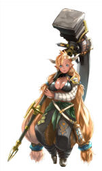 Rule 34 | 10s, 1girl, almeida (granblue fantasy), armor, armored boots, big hair, blonde hair, boots, breasts, cleavage, dark-skinned female, dark skin, draph, earrings, full body, granblue fantasy, highres, horns, huge weapon, jewelry, large breasts, long hair, looking at viewer, low twintails, miyujin, oversized object, pointy ears, scythe, solo, twintails, very long hair, war hammer, warhammer, weapon