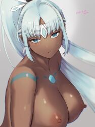 Rule 34 | 1girl, 2021, bare shoulders, blue eyes, blue hair, breasts, chest jewel, closed mouth, dark-skinned female, dark skin, dated, forehead jewel, grey background, highres, large breasts, long hair, looking at viewer, nipples, perun (xenoblade), solo, upper body, very long hair, xenoblade chronicles (series), xenoblade chronicles 2, yamamori kinako