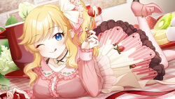 Rule 34 | black choker, blonde hair, blue eyes, blush, bra, bra visible through clothes, breasts, choker, collarbone, dress, food, food-themed clothes, fork, high heels, highres, holding, holding fork, idolmaster, idolmaster cinderella girls, lace, lace-trimmed bra, lace trim, licking lips, long hair, looking at viewer, lying, medium breasts, mikapoe, ohtsuki yui, on stomach, one eye closed, pink footwear, ribbon choker, see-through, see-through dress, side ponytail, sidelocks, smile, tongue, tongue out, underwear, wavy hair