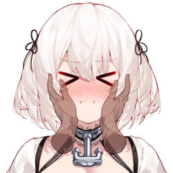Rule 34 | &gt; &lt;, 1girl, absurdres, anchor choker, azur lane, blush, cleavage cutout, closed mouth, clothing cutout, collar, commentary request, disembodied hand, dress, highres, kimi tsuru, metal collar, pout, short hair, simple background, sirius (azur lane), upper body, white background, white dress, white hair
