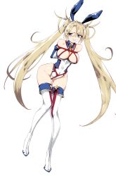 Rule 34 | animal ears, arms behind back, bdsm, blonde hair, blue eyes, bondage, bound, bound arms, bradamante (fate), braid, breast bondage, breasts, cleavage, crotch rope, crown braid, fake animal ears, fate/grand order, fate (series), french braid, gag, gagged, highleg, highleg leotard, highres, kinbakuman, large breasts, leotard, long hair, rabbit ears, red rope, restrained, rope, shibari, shibari over clothes, solo, thigh strap, thighs, twintails, two-tone leotard, very long hair