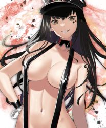Rule 34 | 1girl, absurdres, breasts, brown eyes, cleavage, gloves, grin, hand on own hip, hat, highres, large breasts, looking at viewer, miss.dd, navel, nude, out-of-frame censoring, smile, solo, sound voltex, suspenders