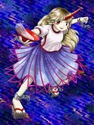 Rule 34 | 1girl, :d, alcohol, blonde hair, blue background, blue skirt, blush stickers, commentary request, cuffs, cup, full body, geta, highres, holding, holding cup, horns, hoshiguma yuugi, long hair, looking at viewer, oni horns, open mouth, parasite oyatsu, red eyes, red horns, sakazuki, sake, shackles, single horn, skirt, smile, solo, star (symbol), touhou, zun (style)