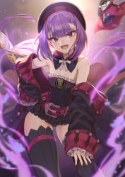 Rule 34 | 1girl, automaton (object), bare shoulders, belt, beret, black coat, black dress, black hat, black thighhighs, blush, book, breasts, coat, colonel olcott (fate), detached collar, detached sleeves, doll, dress, fate/grand order, fate (series), frills, hand on own hip, hat, helena blavatsky (fate), helena blavatsky (third ascension) (fate), highres, looking at viewer, mashuu (neko no oyashiro), off shoulder, open book, open clothes, open coat, open mouth, purple eyes, purple hair, short dress, short hair, small breasts, smile, solo, strapless, strapless dress, thighhighs, thighs