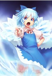Rule 34 | 1girl, aura, black background, bloomers, blue bow, blue dress, blue eyes, blue hair, bow, cirno, commentary request, cowboy shot, dress, foreshortening, glowing, glowing wings, hair bow, hand on own hip, ice, ice wings, kaiza (rider000), looking at viewer, neck ribbon, open mouth, pinafore dress, pointing, pointing at viewer, puffy short sleeves, puffy sleeves, red ribbon, ribbon, shirt, short hair, short sleeves, sleeveless dress, solo, standing, touhou, underwear, v-shaped eyebrows, white shirt, wing collar, wings