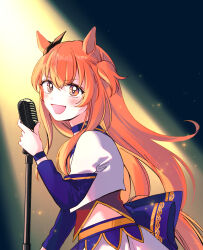 Rule 34 | animal ears, blush, bow, choker, cropped jacket, ear bow, highres, holding, holding microphone stand, horse ears, horse girl, horse tail, jacket, long hair, long sleeves, looking at viewer, looking to the side, mayano top gun (umamusume), microphone, microphone stand, open mouth, orange eyes, orange hair, red vest, skirt, smile, spotlight, starting future (umamusume), tail, two side up, umamusume, upper body, vest, white jacket, white skirt, yonu (yonurime)