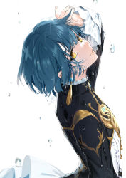 Rule 34 | 1boy, asymmetrical bangs, bishounen, blue hair, commentary, earrings, frilled shirt collar, frilled sleeves, frills, from side, genshin impact, hand in own hair, head tilt, highres, jewelry, long sleeves, looking at viewer, matori (penguin batake), rain, signature, simple background, single earring, smile, solo, tassel, tassel earrings, twitter username, water drop, wet, white background, xingqiu (genshin impact), yellow eyes
