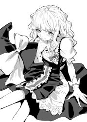 Rule 34 | apron, bad id, bad twitter id, black dress, bow, closed mouth, dress, frilled apron, frills, gloves, greyscale, hat, hat bow, unworn hat, unworn headwear, highres, kirisame marisa, long hair, monochrome, puffy short sleeves, puffy sleeves, short sleeves, simple background, sitting, touhou, wavy hair, white background, witch, witch hat, yatyou