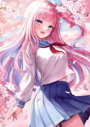 Rule 34 | 1girl, blue eyes, blue skirt, blush, breasts, cherry blossoms, day, falling petals, gradient hair, highres, kottungyang, long hair, long sleeves, looking at viewer, medium breasts, midriff, multicolored hair, navel, neckerchief, one side up, outdoors, petals, pink hair, pleated skirt, propro production, red neckerchief, sailor collar, school uniform, shirt, skirt, smile, solo, spring (season), standing, streaked hair, sunlight, virtual youtuber, white shirt, yumesaki mia