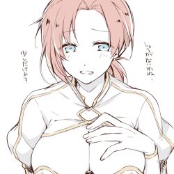 Rule 34 | 1girl, blue eyes, boudica (fate), breasts, cleavage, fate/grand order, fate (series), hand on own chest, juliet sleeves, kan&#039;yu (citron 82), large breasts, long sleeves, ponytail, puffy sleeves, red hair, shrug (clothing), simple background, solo, translated, upper body, white background