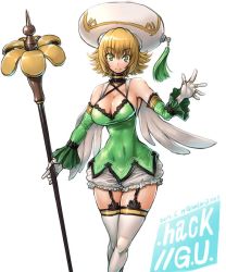 Rule 34 | .hack//, .hack//g.u., 1girl, alternate breast size, amania orz, arm warmers, atoli (.hack//), bare shoulders, blonde hair, bloomers, breasts, cape, cleavage, covered navel, detached sleeves, female focus, full body, garter straps, green eyes, hat, large breasts, looking at viewer, navel, shiny skin, short hair, simple background, skindentation, solo, thighhighs, underwear, white background, white bloomers, white thighhighs, zettai ryouiki