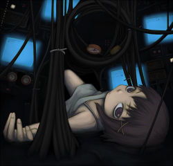 Rule 34 | 1990s (style), 1girl, brown eyes, brown hair, cable, hair ornament, hairclip, iwakura lain, looking at viewer, lying, monitor, nightgown, serial experiments lain, solo, yajirushi (chanoma)