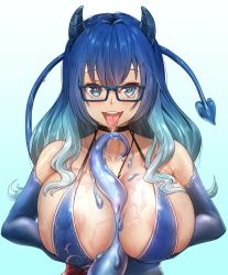 Rule 34 | 1girl, areola slip, bare shoulders, black choker, blue-framed eyewear, blue background, blue dress, blue eyes, blue gloves, blue hair, blush, braco, breast lift, breasts, choker, cleavage, collarbone, commission, commissioner upload, covered erect nipples, demon girl, demon horns, demon tail, dress, drooling, elbow gloves, freckles, glasses, gloves, gradient background, gradient hair, hair between eyes, heart, heart-shaped pupils, heart choker, highres, horns, jewelry, large breasts, latex, latex gloves, long hair, looking at viewer, multicolored hair, necklace, oiled, open mouth, original, paizuri, paizuri under clothes, piercing, rectangular eyewear, saliva, saliva trail, simple background, slime (substance), smile, solo, symbol-shaped pupils, tail, teeth, tentacles, tongue, tongue out, tongue piercing, upper body, upper teeth only, wavy hair