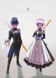 Rule 34 | 1boy, 1girl, alarm clock, apron, bow, bowtie, butler, clock, formal, gloves, hat, highres, hololive, hololive english, kronie (ouro kronii), long sleeves, maid, maid apron, maid headdress, necktie, pants, puffy sleeves, shirt, short hair, skirt, suit, taka t, top hat, virtual youtuber, waist apron