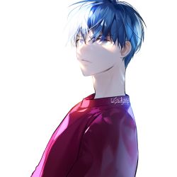 Rule 34 | 1boy, artist name, blouse, blue eyes, blue hair, hair between eyes, looking at viewer, male focus, original, red shirt, red skirt, shirt, simple background, skirt, solo, sukja, upper body, white background