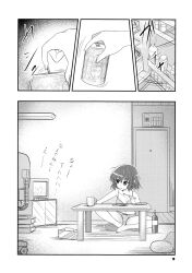 Rule 34 | 1girl, book, book stack, bottle, bra, can, comic, cup, door, eating, greyscale, highres, kazami yuuka, monochrome, opening can, panties, plate, refrigerator, satou yuuki, table, television, tissue, tissue box, touhou, translation request, underwear, watching television, water bottle