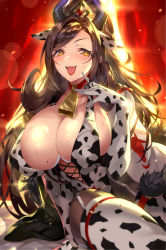 Rule 34 | 1girl, :d, absurdres, animal ears, animal print, bell, breasts, brown eyes, brown hair, choker, commentary, cow ears, cow girl, cow print, cowbell, elbow gloves, garter straps, gloves, high ponytail, highres, horns, huge breasts, lens flare, lipstick, long hair, looking at viewer, makeup, mole, mole on breast, mole under eye, neck bell, open mouth, ponytail, print gloves, print thighhighs, red choker, red lips, senri gan, sitting, smile, solo, sweat, thighhighs, v-shaped eyebrows, very long hair, white garter straps, yokozuwari