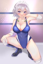 Rule 34 | 1girl, alternate costume, arm up, backlighting, black footwear, blue footwear, blush, braid, breasts, breasts out, censored, cismlyri, cleavage, clothing cutout, collarbone, commentary request, compression sleeve, from behind, grey eyes, hand on own knee, highres, izayoi sakuya, large breasts, looking at viewer, looking back, on one knee, one-piece swimsuit, open mouth, shiny skin, short hair, signature, silver hair, sitting, solo, sweatdrop, swimsuit, thighs, touhou, twin braids, white background, white legwear, wiping sweat, wrestling outfit, wrestling ring