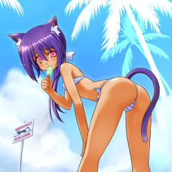 Rule 34 | 1girl, animal ears, ass, bent over, bikini, blush, cat, cat ears, cat tail, covered erect nipples, day, flat chest, food, ice cream, itoji, long hair, looking back, narrow waist, pink eyes, ponytail, popsicle, purple hair, solo, striped bikini, striped clothes, swimsuit, tail, tan