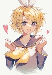 Rule 34 | 1girl, bad id, bad twitter id, blonde hair, blue eyes, bow, clenched hands, cropped torso, deep (deep4946), detached sleeves, drooling, hair bow, hair ornament, hairclip, hands up, heart, heart-shaped pupils, highres, kagamine rin, mouth drool, neckerchief, ribbon, sailor collar, short hair, solo, symbol-shaped pupils, upper body, vocaloid, yellow neckerchief