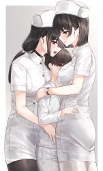 Rule 34 | 1boy, 2girls, black hair, black legwear, breasts, buttons, choker, closed mouth, collared dress, dress, female pervert, girl sandwich, green eyes, hat, height difference, highres, kfr, large breasts, long hair, long sleeves, low ponytail, medium breasts, multiple girls, nurse, nurse cap, open mouth, original, pantyhose, pervert, purple eyes, sandwiched, short hair, short sleeves, simple background, smile, standing, watch, white background, white dress, white legwear, wristwatch