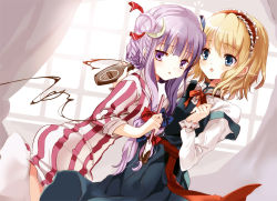 Rule 34 | 2girls, adapted costume, alice margatroid, alternate hairstyle, bad id, bad pixiv id, blonde hair, blue dress, blue eyes, braid, chocolate, cierra (ra-bit), crescent, crescent hair ornament, curtains, dress, female focus, hair ornament, hair ribbon, hair up, hairband, long hair, long sleeves, looking at viewer, multiple girls, no headwear, off shoulder, open mouth, patchouli knowledge, purple dress, purple eyes, purple hair, ra-bit, ribbon, sash, shirt, short hair, sleeves rolled up, strap slip, striped clothes, striped dress, tongue, tongue out, touhou, tress ribbon, valentine, window