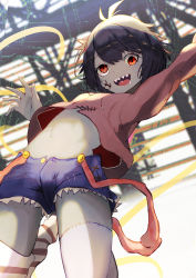 Rule 34 | 1girl, :d, absurdres, black hair, blood, blood on face, blue shorts, brown eyes, colored skin, denim, denim shorts, getto, grey skin, highres, indie virtual youtuber, jumping, lazy eye, open fly, open mouth, pink skirt, sharp teeth, short hair, shorts, skirt, smile, solo, stitched leg, stitches, suspenders, suspenders hanging, teeth, upper teeth only, virtual youtuber, zombie, zonbko
