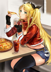 Rule 34 | 1girl, absurdres, azur lane, bikini, bikini top only, black bikini, black thighhighs, blonde hair, blush, breasts, charm (object), cleavage, cola, commentary request, couch, cowboy shot, cropped jacket, cup, drinking glass, drinking straw, eating, fingerless gloves, food, fur-trimmed jacket, fur trim, gloves, green eyes, gyudan (t1k 7), hair ribbon, hands up, highres, holding, holding food, hornet (azur lane), hornet (delicious love) (azur lane), hornet (freshly-baked bonding!) (azur lane), jacket, large breasts, long hair, long sleeves, midriff, navel, official alternate costume, open clothes, open jacket, orange scarf, pizza, pizza slice, ribbon, scarf, short shorts, shorts, sidelocks, single thighhigh, sitting, skindentation, solo, swimsuit, table, thighhighs, twintails, very long hair