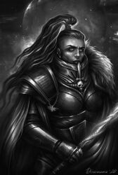 Rule 34 | 1girl, adepta sororitas, armor, boobplate, breastplate, cape, fur trim, gauntlets, glowing, glowing weapon, holding, holding weapon, imperial aquila, looking at viewer, monochrome, outdoors, pauldrons, planet, ponytail, raised eyebrows, scar, scar on face, shoulder armor, side cut, signature, sisters of silence, solo, thick lips, topknot, veronica anrathi, warhammer 40k, weapon