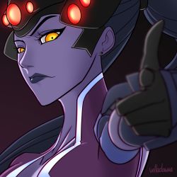 Rule 34 | 1girl, colored skin, gloves, highres, long hair, overwatch, overwatch 1, pointing, pointing at viewer, ponytail, purple hair, purple skin, solo, velladonna, visor, widowmaker (overwatch), yellow eyes