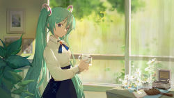 Rule 34 | 1girl, blue neckwear, blue skirt, brooch, coffee, collared shirt, commentary request, cup, curtains, dress shirt, flower, green eyes, green hair, hair between eyes, hair ornament, hatsune miku, holding, holding cup, indoors, jewelry, long hair, long sleeves, making-of available, plant, shadowsinking, shirt, sidelocks, skirt, solo, transparent, twintails, very long hair, vocaloid, white flower, white shirt, window