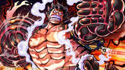 Rule 34 | 1boy, abs, absurdres, artist request, attack, barefoot, black hair, clenched teeth, colored skin, fighting stance, gear fourth, haki, highres, looking to the side, monkey d. luffy, motion lines, multicolored skin, muscular, muscular male, one piece, open clothes, open shirt, open vest, pectorals, red skin, scar, scar on chest, serious, short hair, steam, stomach, teeth, vest