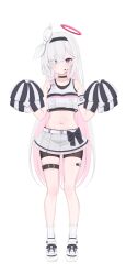 Rule 34 | 1girl, absurdres, alternate costume, armband, bare legs, bare shoulders, belt, bike shorts, black bow, black choker, black eyes, black hairband, black shorts, blue archive, blush, bow, braid, breasts, cheerleader, choker, crop top, frown, full body, hair over one eye, hairband, halo, hands up, headset, highres, hiyayo25, holding, holding pom poms, long hair, microphone, midriff, miniskirt, mismatched pupils, multicolored hair, navel, pink hair, plana (blue archive), pleated skirt, pom pom (cheerleading), pom poms, ribbon, see-through, see-through skirt, shirt, shorts, shorts under skirt, single braid, skindentation, skirt, sleeveless, sleeveless shirt, small breasts, solo, stomach, striped clothes, striped shirt, striped skirt, thigh belt, thigh strap, two-tone hair, very long hair, white hair, white ribbon, white shirt, white skirt