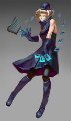 Rule 34 | 1girl, between fingers, black pantyhose, book, card, doodle (artist), elizabeth (persona), full body, gloves, gradient background, hat, holding, open book, pantyhose, persona, persona 3, short hair, silver hair, sleeveless, solo, tarot, yellow eyes