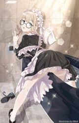 Rule 34 | 1girl, absurdres, alternate costume, apron, bespectacled, black-framed eyewear, black dress, dress, enmaided, frilled hairband, frills, glasses, grey hair, hairband, highres, hmax, idolmaster, idolmaster shiny colors, looking at viewer, looking back, maid, mary janes, panties, panties under pantyhose, pantyhose, serizawa asahi, shoes, single shoe, solo, tile wall, tiles, underwear, wet, wet clothes, wet hair, white apron, white panties, white pantyhose
