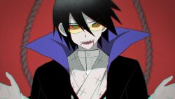 Rule 34 | 1boy, black hair, black robe, blood, blood on face, chromatic aberration, colored sclera, colored skin, green eyes, grey skin, hair between eyes, high collar, itoshiki nozomu, japanese clothes, magusagari, male focus, noose, official alternate costume, official alternate eye color, open mouth, outstretched arms, red background, red sclera, robe, sayonara zetsubou sensei, sharp teeth, simple background, solo, spread arms, teeth, upper body