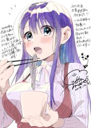 Rule 34 | 1girl, blue eyes, blush, breasts, chopsticks, collared shirt, cup, dated, dress, eating, geshumaro, highres, holding, holding chopsticks, large breasts, long hair, long sleeves, looking at viewer, neck ribbon, open mouth, original, purple hair, red dress, ribbon, shirt, signature, solo, suspenders, translation request, upper body, white ribbon, white shirt, wing collar