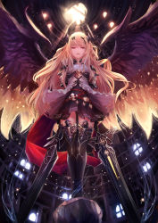Rule 34 | 10s, 1girl, armor, arms at sides, badge, black thighhighs, blonde hair, boots, dark angel olivia, dress, dual wielding, feathered wings, frills, from below, full body, granblue fantasy, hair ornament, highres, holding, horns, long hair, looking at viewer, looking down, magic, multicolored wings, outdoors, parted lips, pip (red juice1869), red eyes, red ribbon, ribbon, shingeki no bahamut, solo, standing, thighhighs, very long hair, window, wings