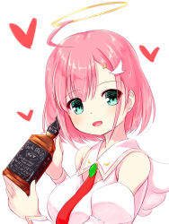 Rule 34 | 1girl, :d, ahoge, alcohol, blush, bottle, commentary request, copyright request, detached sleeves, green eyes, hair between eyes, hair ornament, hairclip, halo, head tilt, heart, highres, holding, holding bottle, jack daniel&#039;s, juliet sleeves, long sleeves, mini wings, open beta (vtuber), open mouth, pink hair, puffy sleeves, sailor collar, shirt, simple background, sleeveless, sleeveless shirt, smile, solo, virtual youtuber, whiskey, white background, white sailor collar, white shirt, white sleeves, white wings, wings, yuku (kiollion)