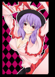 Rule 34 | 1girl, argyle, argyle background, argyle clothes, arms up, blush, border, breasts, cleavage, collarbone, female focus, frills, hat, kamemasa, large breasts, looking at viewer, nagae iku, purple eyes, red eyes, scarf, solo, touhou, unbuttoned