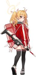 Rule 34 | 1girl, ahoge, assault rifle, bag, black thighhighs, blonde hair, blue archive, blush, brown eyes, closed mouth, duffel bag, fn scar, from behind, grey eyes, gun, gym uniform, hair ribbon, halo, holding, holding gun, holding weapon, jacket, long hair, long sleeves, looking back, mx2j, official art, red jacket, ribbon, rifle, sleeves past wrists, solo, strap, stuffed animal, stuffed rabbit, stuffed toy, thighhighs, transparent background, twintails, weapon, yoshimi (blue archive)