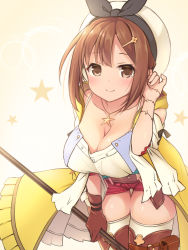 Rule 34 | 1girl, atelier (series), atelier ryza, atelier ryza 1, belt, beret, black ribbon, blush, breasts, brown belt, brown eyes, brown footwear, brown gloves, brown hair, cleavage, closed mouth, dress, gloves, hair ornament, hairclip, hand up, hat, holding, jewelry, large breasts, leaning forward, leather belt, long sleeves, looking at viewer, necklace, pouch, red shorts, reisalin stout, ribbon, sasakura momiji, short shorts, shorts, single glove, skindentation, smile, solo, star (symbol), star necklace, thigh pouch, thighhighs, thighs, white dress, white hat, white thighhighs